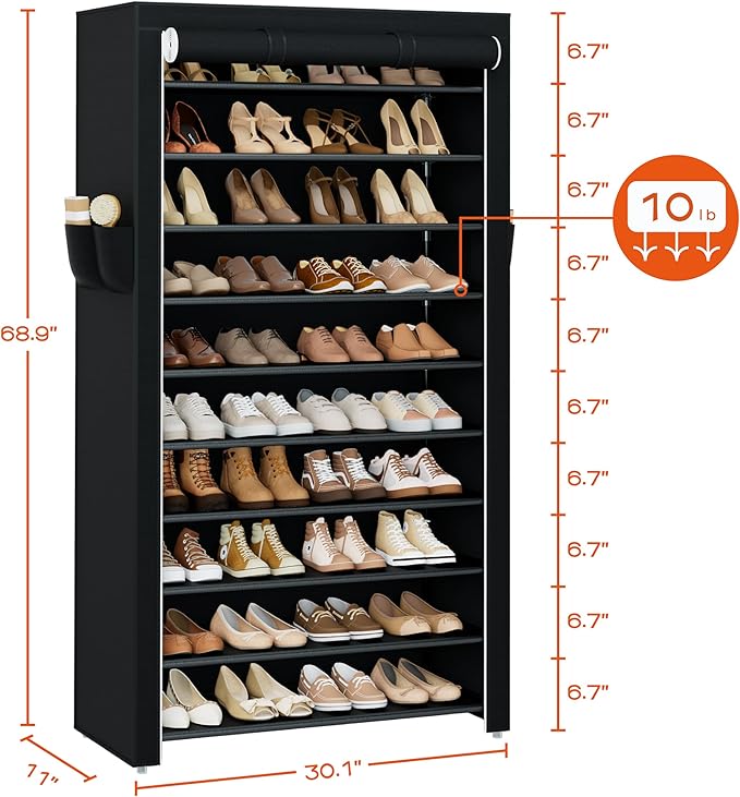 CASAMAYA Shoe Rack with Covers, 10 Tiers Tall Shoe Rack Organizer, Large Capacity Shoe Shelf Storage, Hold 30 Pairs of Shoes, Vertical Shoe Storage Organizer for Closet, Entryway, Black, SRT103B01