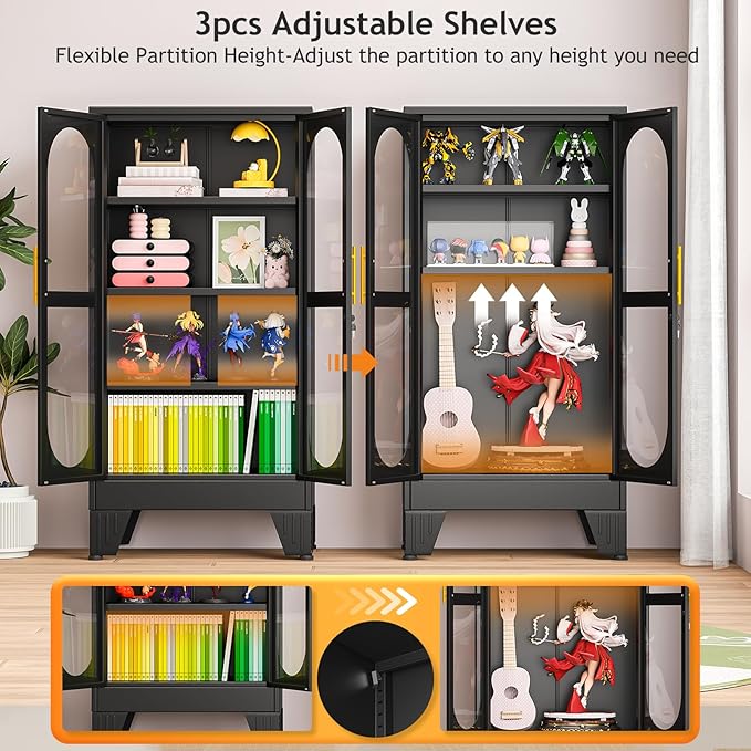 PAOFIN 47" H Locking Display Cabinet with Glass Door, Metal Cabinets with 3 Adjustable Shelves, Cabinet Display Case for Living Room, Collectibles, Clinic, Home - Assembly Required Black