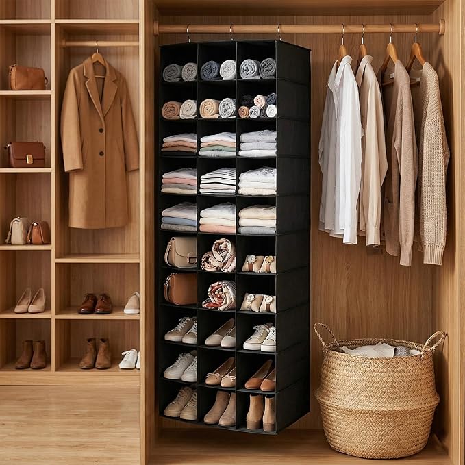 coastal rose Hanging Shoe Organizer for Closet, 30 Sections Hanging Closet Organizers and Storage Shelves, Space Saving Hanging Shoe Storage, Black, 17''W×11.5''Dx 48''H