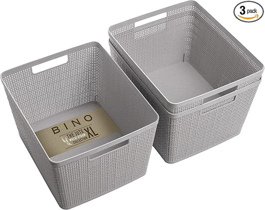 BINO | Woven Plastic Basket | Large (Natural Grey), 3-Pack | THE JUTE COLLECTION | Home Organization, Space - Saving Storage, Stylish Design | Jute Basket | Plastic Storage Basket