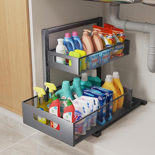 Petiza Under Sink Organizer Pull Out Cabinet Organizer Adjustable Height 2 Tier with Sliding Drawers Kitchen Bathroom Organizer and Storage(Gray-1pc)