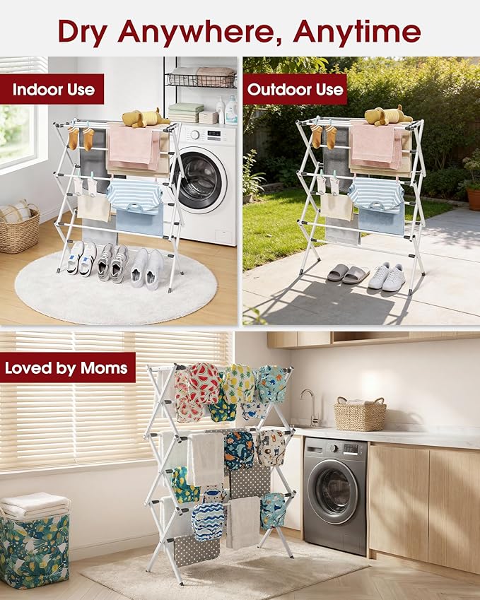 Sakugi Foldable Clothes Drying Rack – Metal Laundry Drying Rack with Non-Slip Feet, 3-Tier Space-Saving Clothing Rack for Organization, Indoor & Outdoor Use, 11.4"D x 29.1"W x 37.4"H, White and Black