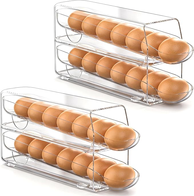 theaoo Auto Rolling Egg Dispenser for Refrigerator with Quick Removable Inner Tray, Space-Saving Egg Organizer and Holder, Egg Storage Container for Fridge, Easy to Load and Grab Eggs (2 Pack)