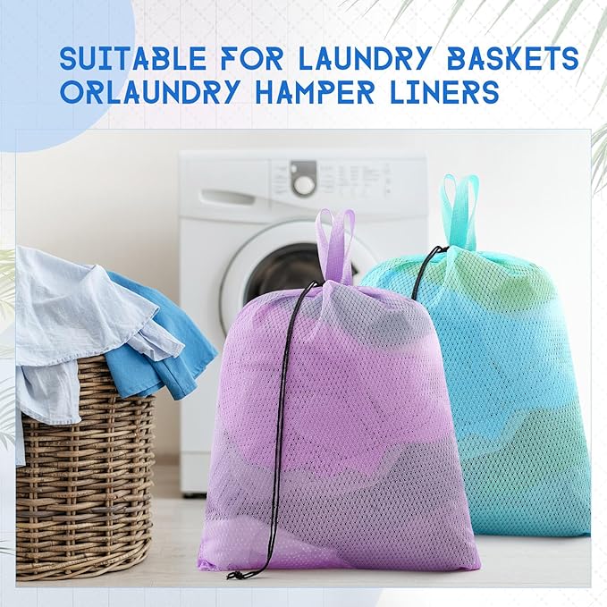 6 Pack 20 x 17 Inches Colorful Soft Mesh Laundry Bag with Handles Machine Washable Secure Drawstring Closure Large Sturdy Mesh Net Laundry for College Travel Dorm Laundromat