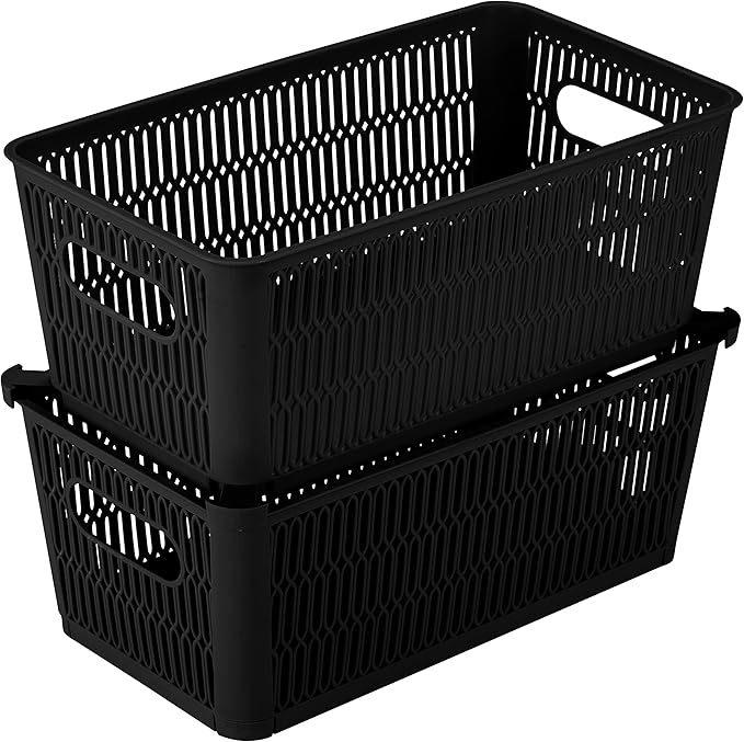 Simplify 2Pk Small Slide 2 Stack It Tote Basket | Storage & Organization | Open Bins with Stackable Capability | Bathroom | Crafts | Pantry | Playroom | Office | Black