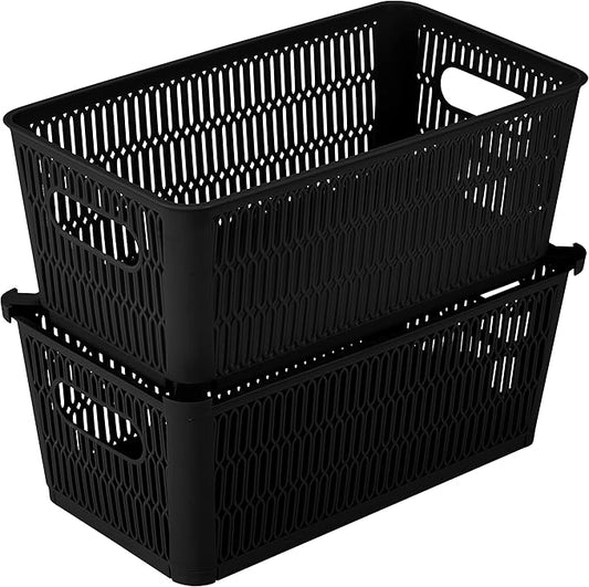Simplify 2Pk Small Slide 2 Stack It Tote Basket | Storage & Organization | Open Bins with Stackable Capability | Bathroom | Crafts | Pantry | Playroom | Office | Black