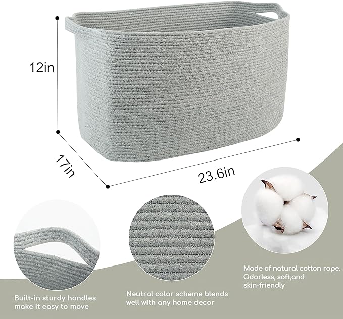 MEGASKET Extra Large Rectangle Storage Basket, 23.6" x 17" x 12" Gray Blanket Storage for Living Room, Large Soft Woven Cotton Rope Bin for Organizing, Kids Dog Wicker Toy Box Organizer