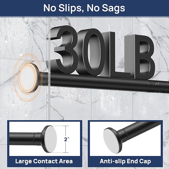 ENJOYBASICS Matte Black Shower Curtain Rod 30 to 52 Inches, 1 Inch Stainless Steel Adjustable Spring Tension Rods No Drill for Bathroom, Closet, Window, Room Divider, Never Rust, Non Slip
