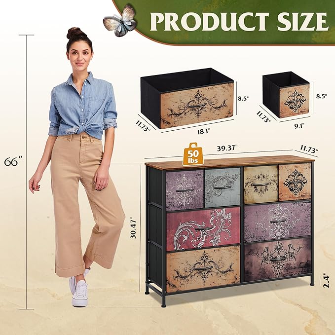 WLIVE Dresser for Bedroom with 8 Drawers, Wide Fabric Dresser for Storage and Organization, Bedroom Dressers, Chest of Drawers for Living Room, Closet, Hallway, Pattern