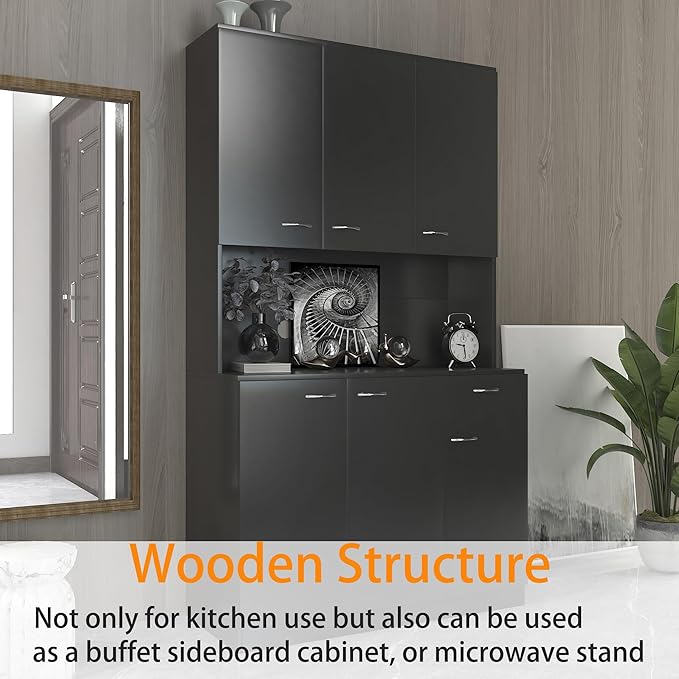 Modern Kitchen Pantry Cabinet, 70.86" Tall Freestanding Cupboard with Multi-Tier Storage Rack and Microwave Stand for Kitchen, Living Room,Black
