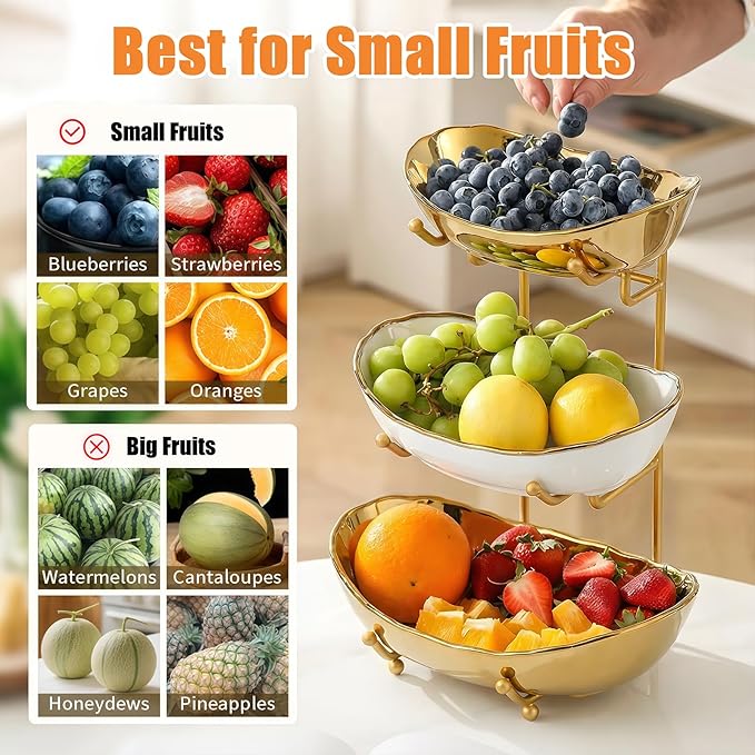 Ceramic Fruit Bowl for Kitchen Counter - 3 Tier Fruit Basket with Metal Stand, Tiered Fruit Stand for Countertop, Snack, Nuts, Cake, Dessert, Small & Cute (Gold & White,Small) 2
