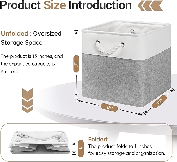ECDYQXVU 13x13 Inch Cube Storage Bins with Reinforced Bottom Cardboard, 6 Pack Large Foldable Fabric Storage Cubes with Handles for Shelf, Closet, Laundry Organization (White&Gray)