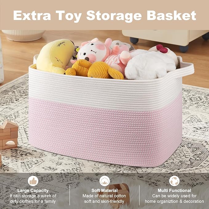 OIASKET XXXL Large Blanket Basket, 108L Cotton Rope Storage Basket for Living Room, Supre Large Toy Baskets for Kids, Woven Basket for Clothes, Towels, Pillows, 25" x 16" x 16", Pink and White