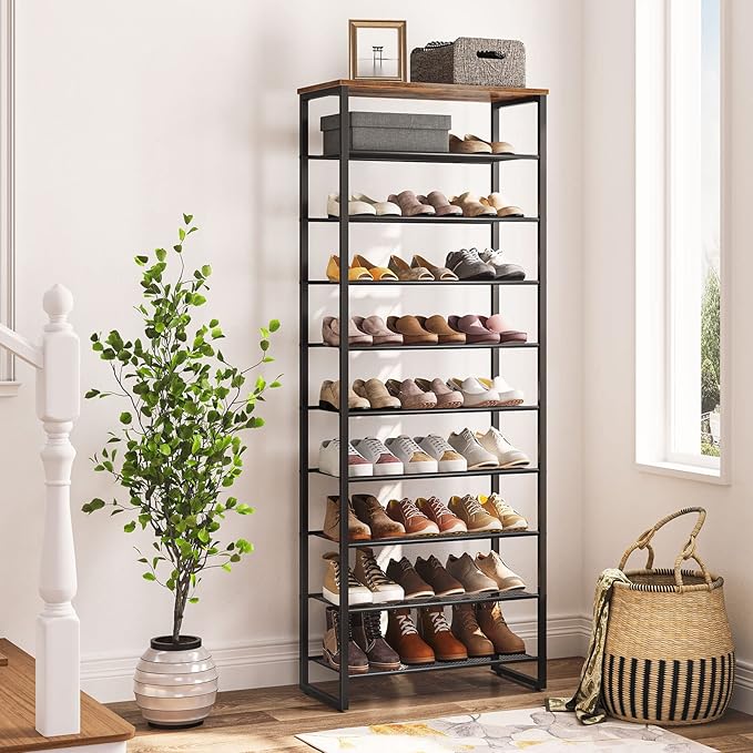 HOOBRO 10-Tier Shoe Rack for Entryway, 23.6" L Shoe Storage Organizer, Large Capacity Shoe Shelf for Closet, Front Door Entrance, Hallway, Holds 27-30 Pairs of Shoes, Rustic Brown and Black BF601XJ01