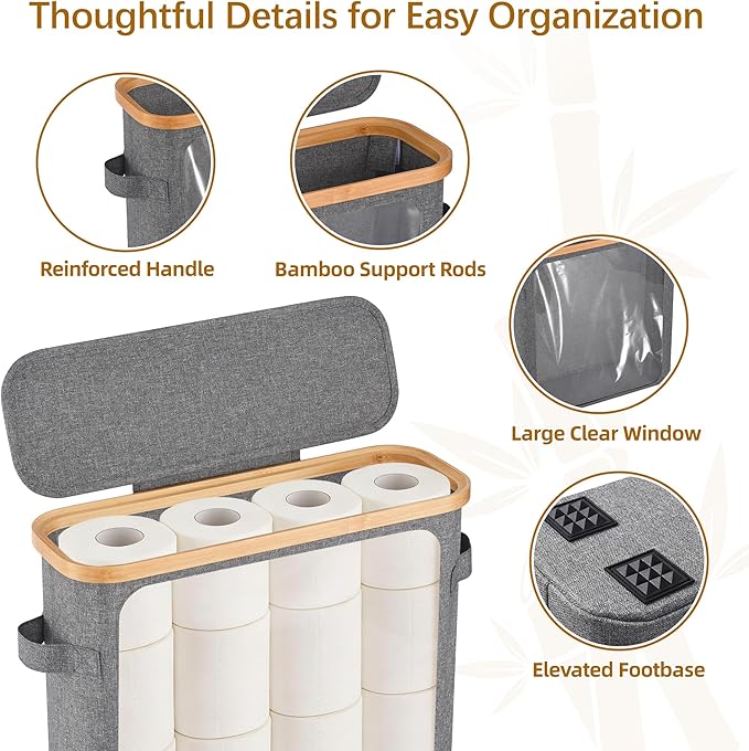 Livole 2-in-1 Toilet Paper Storage with Lid Toilet Paper Basket- 20 Regular Rolls or 15 Mega Rolls Extra Large Toilet Paper Organizer for Bathroom, Grey