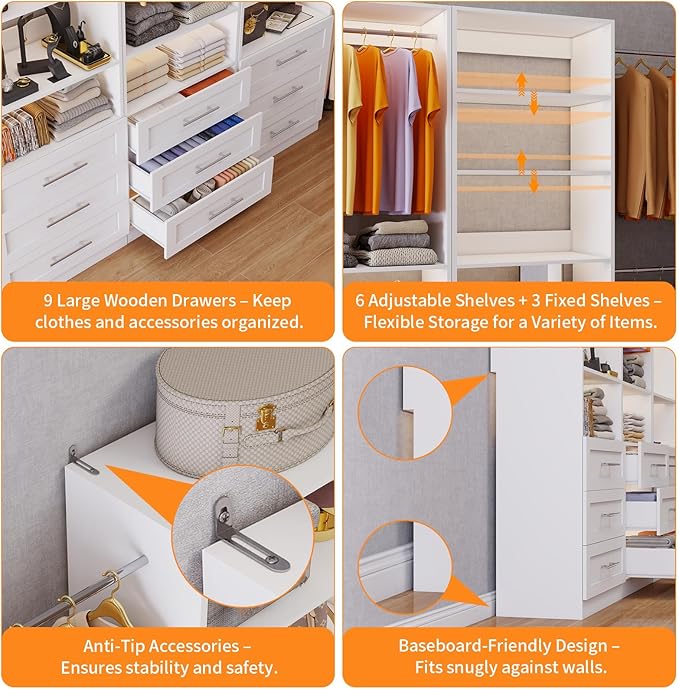 Closet System with 3 Sets, 6–16 FT Closet System with 9 Drawers, 9 Shelves & 4 Adjustable Hanging Rods, Max 189.3" Closet Organizer Systems for Walk-in Closets, Modular Custom Closet Tower, White