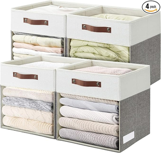 Bagnizer Storage Cubes, 4 Pack Linen Foldable Storage Bins (13 x 13 inch) with Clear Window and 2 Handles, Closet Organizers and Storage for Shelf Closet, Clothes, Books - (Gray and White)