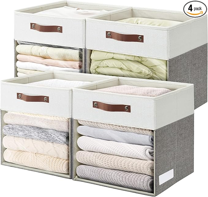 Bagnizer Storage Cubes, 4 Pack Linen Foldable Storage Bins with Clear Window and 2 Handles, 13x15x13 Storage Cube Bins for Shelf Closet, Kallax, Clothes, Books - (Gray and White)