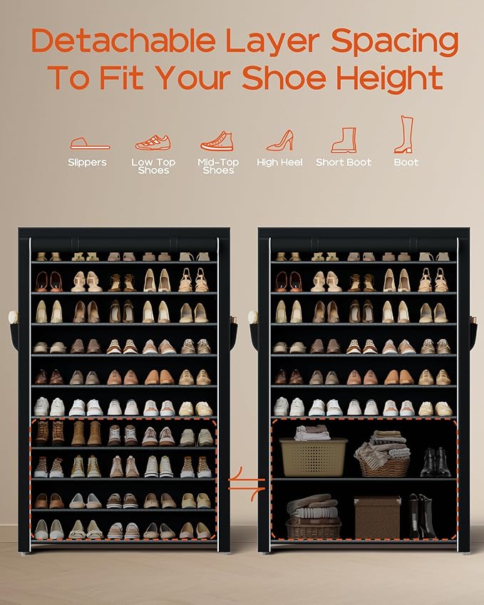 CASAMAYA Shoe Rack with Covers, 10 Tiers Tall Shoe Rack Organizer, Large Capacity Shoe Shelf Storage, Hold 50 Pairs of Shoes, Vertical Shoe Storage Organizer for Closet, Entryway, Black, SRT105B01