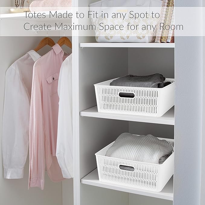 Simplify 2Pk Shallow Slide 2 Stack It Tote Basket | Storage & Organization | Open Bins with Stackable Capability | Bathroom | Crafts | Pantry | Playroom | Office | White