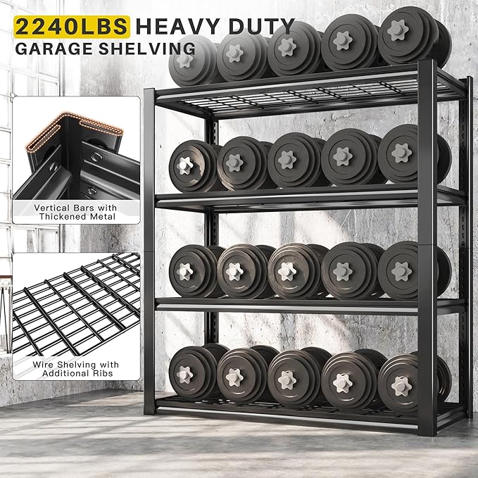 REIBII 40" W Garage Shelving 2240 LBS Heavy Duty Storage Shelves Adjustable Industrial Metal Shelving Unit 4 Tier Garage Storage Shelf for Kitchen Pantry Warehouse Basement Commercial 19.5"D × 59.5"H