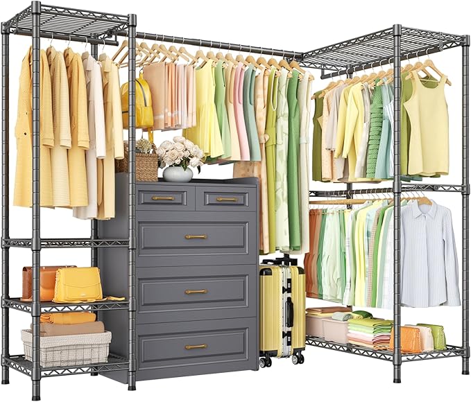 ULIFHOME E10L L-Shaped Clothes Rack for Corner（With Expandable Hanger Rod）Heavy Duty Freestanding Clothing Racks for Hanging Clothes，Portable Garment Rack 58-82"W x 30"D x 72"H，Max Load 900LBS，Grey