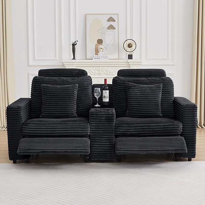 LEVNARY 2-Seater Modular Reclining Sofa with Center Console, Faux Rabbit Fur Power Recliner Loveseat with Cup Holders, USB Charging, Side Pockets & 2 Pillows, Living Room Furniture (Black)