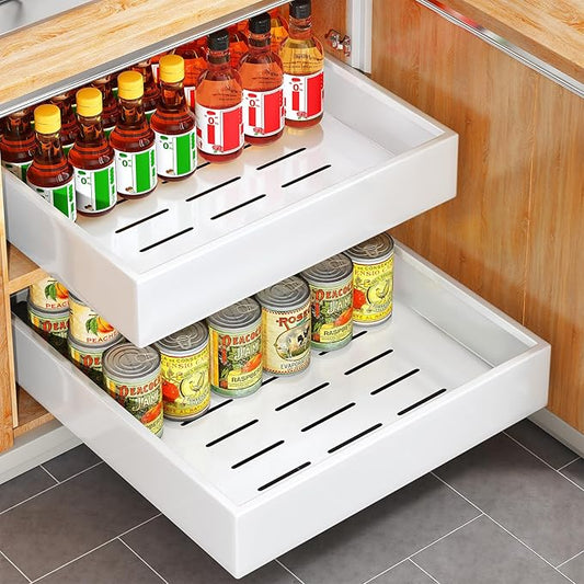 Pull Out Cabinet Organizer with Nano Adhesive, Heavy Duty Full-Extension Slide-Out Drawer for Kitchen Cabinet Organizers and Storage, No Drill Roll out Pantry Shelf, 15.8"W x 16.9"D x 3.1"H , White