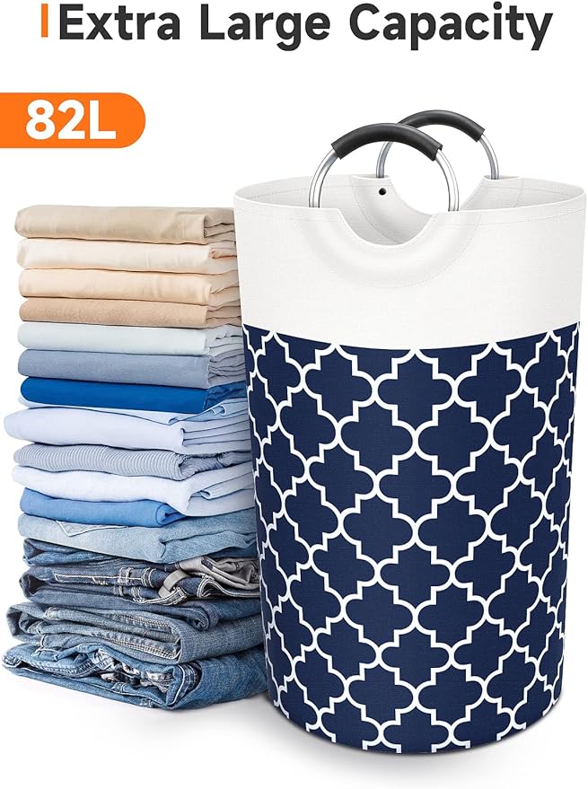 Fabspace Large Laundry Basket Laundry Hamper Bag Washing Bin Clothes Bag Collapsible Tall with Handles Waterproof Travel Bathroom College Essentials Storage for College Dorm, Family (Blue) 82L