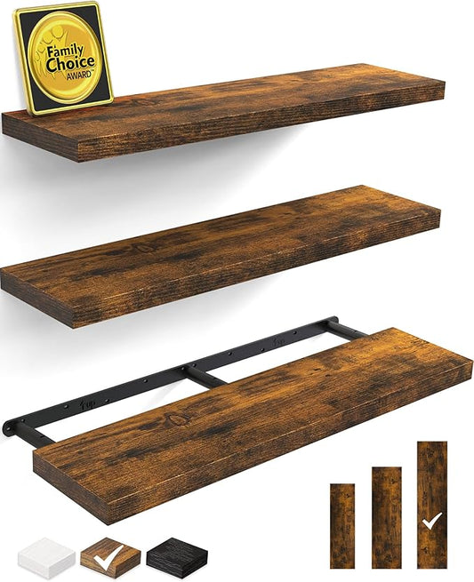 BAYKA Floating Shelves for Wall, Set of 3, 36 Inches Wall Mounted Wood Shelves for Bathroom, Bedroom, Living Room or Kitchen, Hanging Shelf for Books/Storage/Decor with 30lbs Capacity, Rustic Brown
