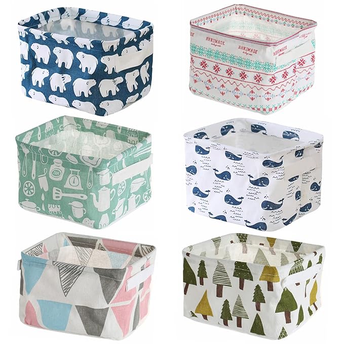 Foldable Storage Basket - Set of 6 Small Collapsible Canvas Containers Organizers with Handle for Home Decor or Storing Toys, Keys, Sundries, Little Crafts. (Style B)
