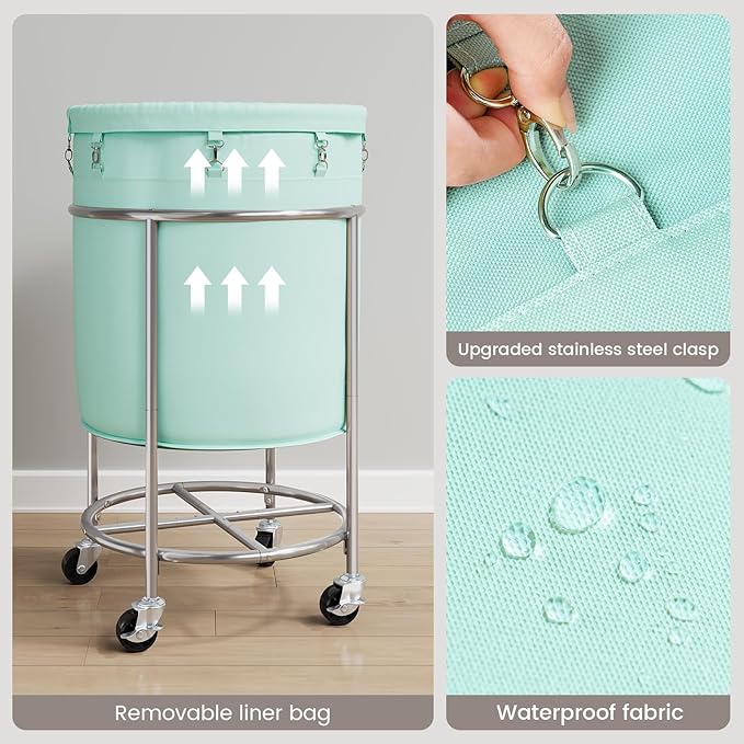 ELYKEN 190L Laundry Basket with Wheels, Large Rolling Laundry Hamper with Removable Liner Bag, Round Rolling Laundry Cart, Dirty Clothes Hamper for Hotel, Home, Closet, Dorm, Mint Green