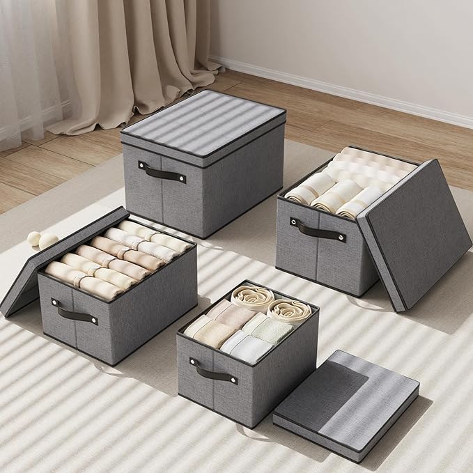 Storage Bins with Lids, 7.1 x 9.1 x 13 Inch Closet Organizers for Shoes Towels Books, Storage Boxes with Handles, Gray, 5-Pack