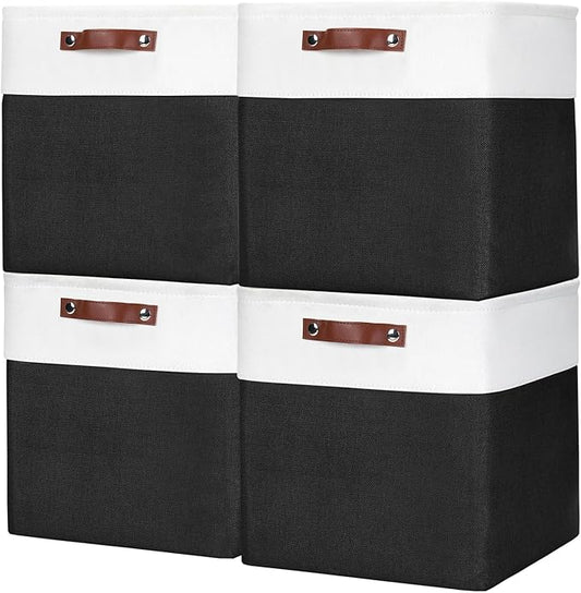 Bagnizer 13x13 Cube Storage Bins, Collapsible Fabric Storage Box, 4 Pack Closet Baskets with Handles for Organizing, Shelf, Toys, Clothes, Home, Office, Nursery (Black&White)