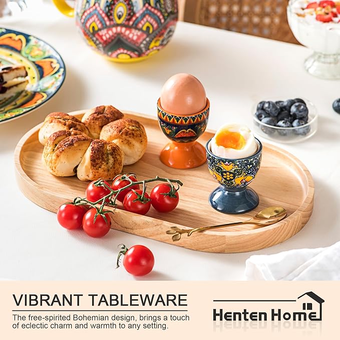 Henten Home Ceramic Egg Cup Set, Colorful Egg Cup Set of 6, Boho Style Egg Holder for Soft Boiled Eggs, Breakfast, Easter, Dishwasher & Microwave Safe