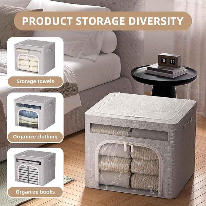FHSQX 6 Pack Foldable Storage Bins for Clothes Clothes Storage Bins with Metal Frame Stackable Storage Box with Lid (Light Grey, 16.5x12.2x12.2 inch (40L))