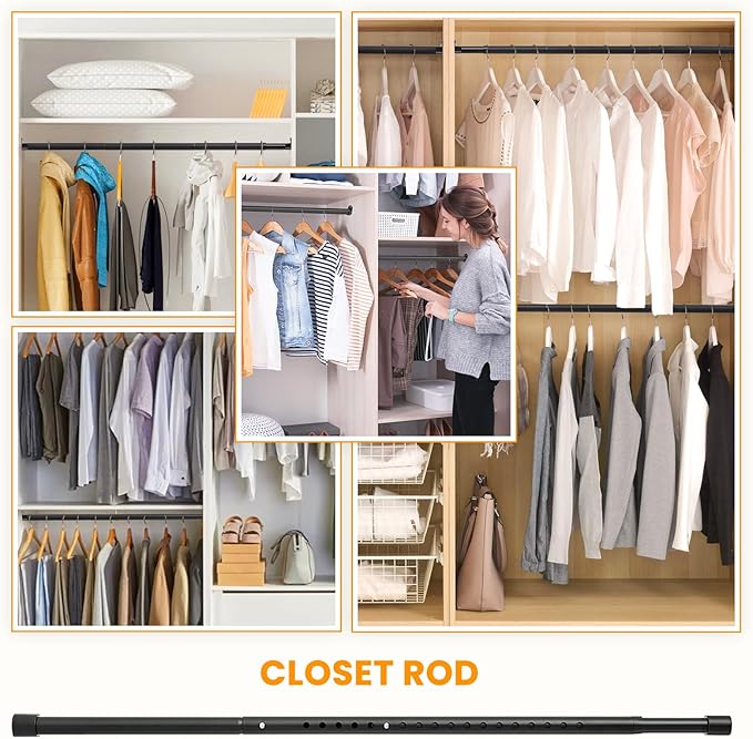 Oval Closet Rod for Hanging Clothes Adjustable Closet Rods 18 to 87 Inch Heavy Duty Black Poles Bar Closet Rod Expandable for Wardrobes Laundry RV
