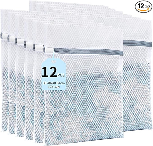 Laundry Bags Mesh Wash Bags for Delicates with Strong Zipper,Upgraded Honeycomb and Fine Mesh Design Delicate Laundry Bag for Clothes, Bras and Socks&Travel Organization (12X16IN, 12PCS)