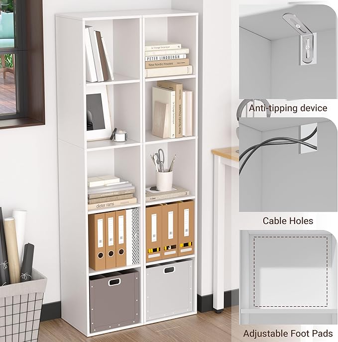 Cube Bookshelf, 5 Cube Storage Organizer, Freestanding 5 Tier Open Display Shelf with Eco-Friendly Melamine Surface for Home Office, Bedroom, Living Room, Study, White