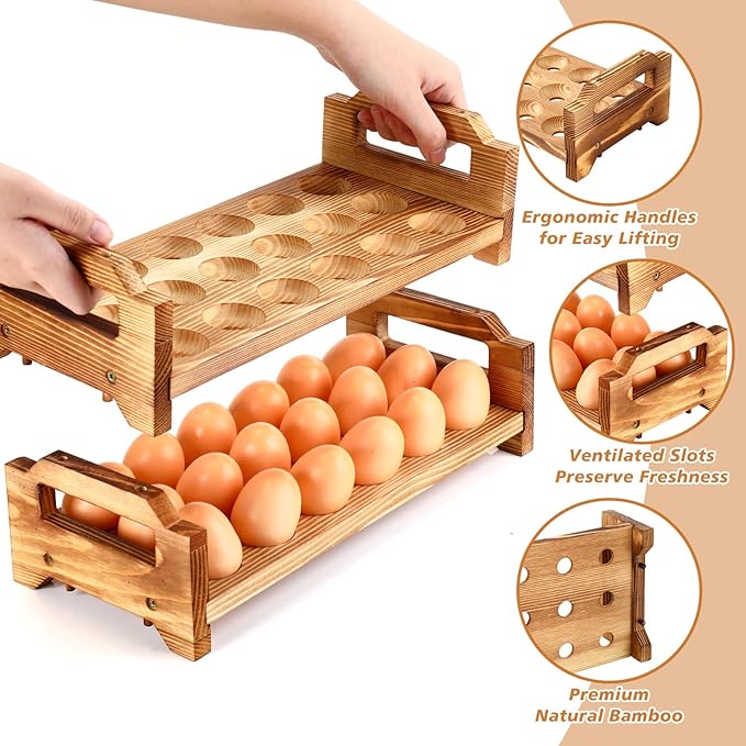 Reallnaive 4 Tier Wooden Egg Holder for Countertop, Pine Stackable Fresh Egg Storage Farmhouse Collecting Rack for Gathering Kitchen Organizer Duck Eggs Display, Stackable with 72 Eggs(Brown)