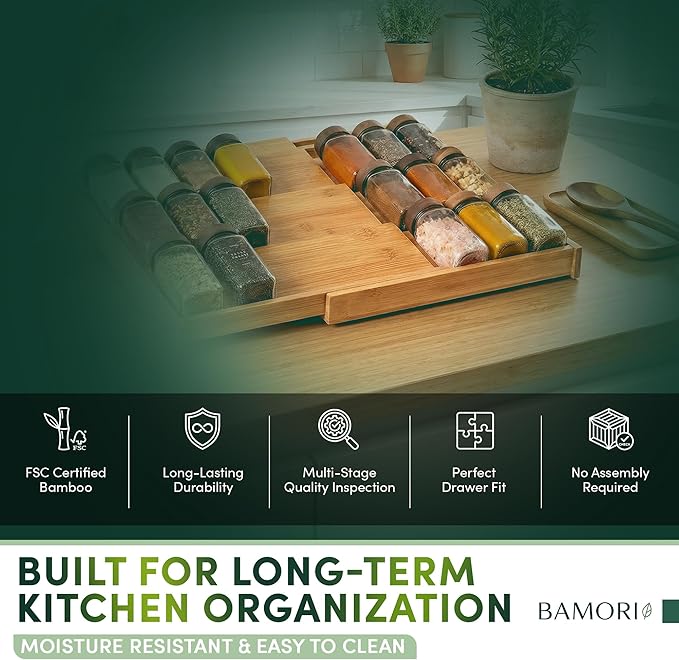 Expandable Bamboo Spice Drawer Organizer – Adjustable Tiered Spice Rack Insert for Kitchen Drawer – Premium Bamboo Seasoning Organizer for Drawer Storage (Need 3" Deep Drawer)