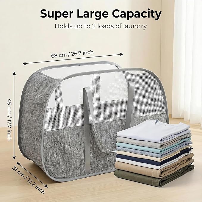 Large Collapsible Laundry Hamper,95L Capacity laundry basket with Handles,Breathable Mesh Design,Sturdy Steel Frame Clothes Hamper,Hampers for Bedroom,Dorm, Bathroom, Home