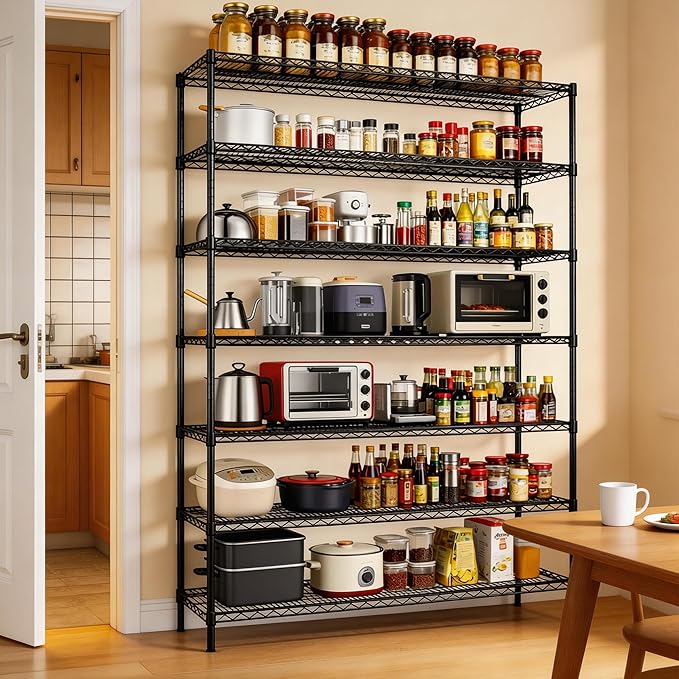 Finnhomy 4200LBS 7-Tier Wire Shelving Unit Adjustable Steel Wire Rack, 18x60x80.2 Inches 7 Shelves Metal Rack, Pantry Shelves for Storage, Metal Garage Shelving with 1" Poles, NSF Certified, Black