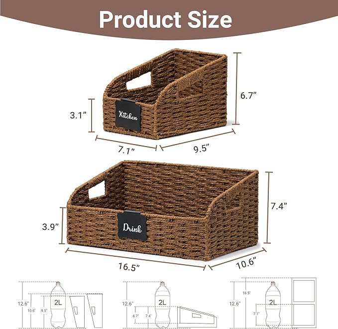 Pantry Organizers, Large Wicker Baskets for Shelves, Labeled Storage Baskets for Organizing with Handles - Paper Storage Bins for Shelves, 3 Pack, Brown