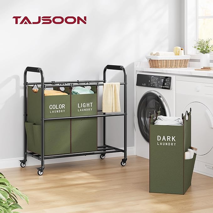 Tajsoon 3 Bag Laundry Sorter Cart, Laundry Hamper Sorter Basket with Heavy Duty Lockable Rolling Wheels for Clothes Storage, Green