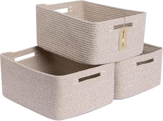 MiniArk Large Storage Baskets for Shelves, Closet Organizers Bins for Clothes Blanket Towels, Baby Nursery, Toy Baskets Box, Woven Rope Baskets, 17 x 13 x 7.5”, 3 Packs Mixed Brown