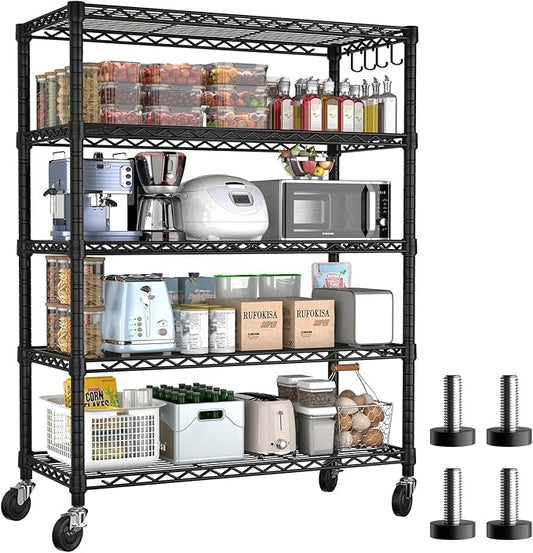 PrimeZone 74''H Wire Shelving 1250lbs 5 Tier Storage Shelves with Wheels NSF Certified Heavy Duty Steel Metal Shelf Adjustable Rolling Rack Kitchen Garage Closet Pantry Laundry 74''HX36''WX14''D