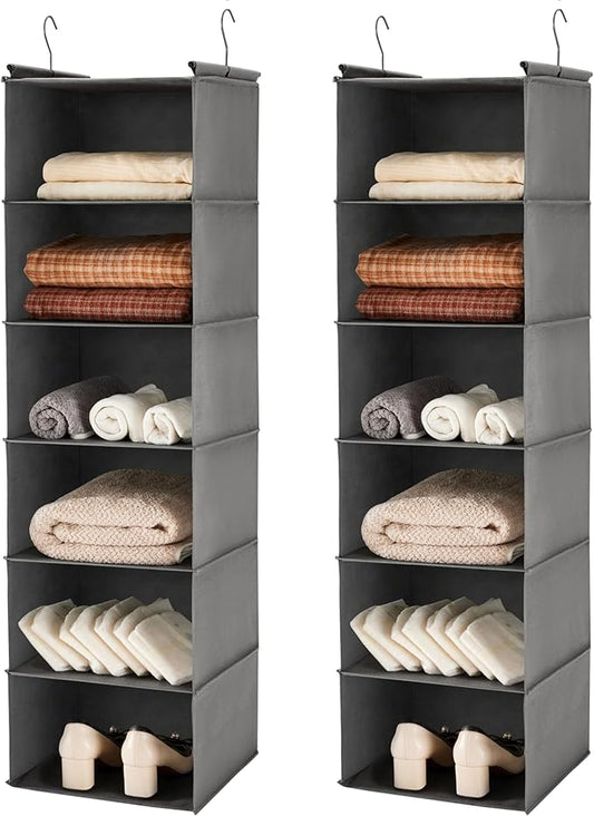 MAX Houser 6 Tier Shelf Hanging Closet Organizer, Closet Hanging Shelf with 2 Sturdy Hooks for Storage,2 Pack, Foldable (Grey)