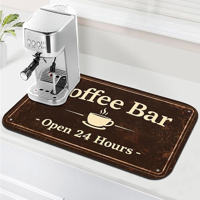 Vintage Coffee Bar Coffee Drying Mat 12" x 19", Absorbent Quick-Dry Mat, Non-Slip Waterproof Countertop Protector for Coffee Station and Espresso Machine