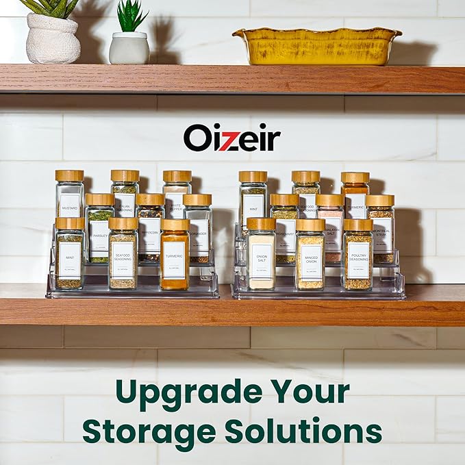 Oizeir Clear Spice Rack (2-Pack) – 3-Tier Acrylic Organizer for Cabinet – Deep Spice Shelf – 10.4 x 9.6 x 4 Inches – Holds Seasoning and Condiments